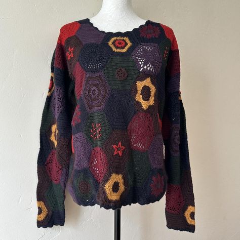 rare vintage 90s whimsical crochet sweater granny... - Depop Coraline Jumper Crochet, Crochet Coraline Sweater, Coraline Star Sweater Crochet, Multicolor Vintage Crochet Sweater, Whimsigoth Cardigan, Handmade Multicolor Vintage Sweater, Crochet Sweater, Granny Square, Embroidery