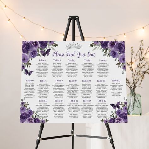 Dark Purple Floral Butterfly Quinceañera Seating  Foam Board Sweet 16 Butterfly Theme Decorations, Purple Quince Decor, Dark Purple Quinceanera, Dark Purple Quinceanera Theme, Landscape Seating, Purple Quinceanera Theme, Purple Sweet 16, Purple Quinceanera, Quince Decor