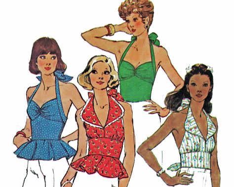 70s Halter Top Pattern, 70s Halter Top, Leaf Sewing, 70s Halter, Vintage Halter Top, Halter Top Pattern, 1970s Sewing Patterns, 70’s Fashion, Backless Blouse