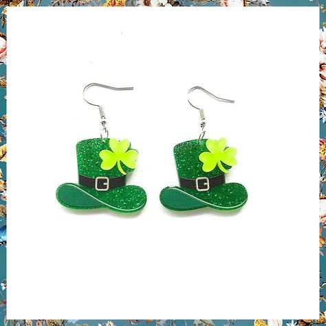 St Patrick's Day Earrings Green Hat Irish Shamrock Clover Acrylic Dangle Drop Earrings for Women Girls Holiday Jewelry Gift Clip On Tassel Earrings, Valentine Outfits For Women, Sensitive Ears Earrings, Artistic Earrings, Funky Necklace, Diy Jewelry Rings, Long Chain Earrings, Crystal Heart Earrings, Girls Holiday