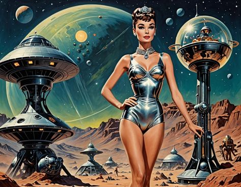 Retro Futuristic Pinup, Sci Fi Pinup, Fem Fatale, George Jetson, Space Women, Rocket Art, Futuristic Vehicles, Space Girls, Retro Scifi