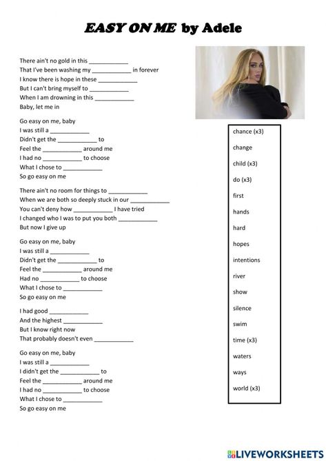 Song Lyrics Worksheet, Easy On Me Adele Lyrics, Easy On Me Adele, Complete The Lyrics, Listening Song, Song Worksheet, English Grammar Exercises, Adele Songs, English Adjectives