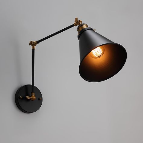 Industrial Retro Double Swing Arm 1-Light Wall Sconce in Black & Brass Arm Lamp, Black Wall Lights, Shade Wall, Loft Industrial, Brass Wall Light, Black And Brass, Spring Flower, Black Walls, Lighting Solutions