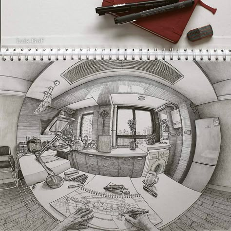 5 Point Perspective Drawing, Fish Eye Perspective, Fisheye Perspective, Eye Perspective, Complex Art, Perspective Sketch, Pen Art Work, Perspective Drawing Architecture, Architecture Sketchbook