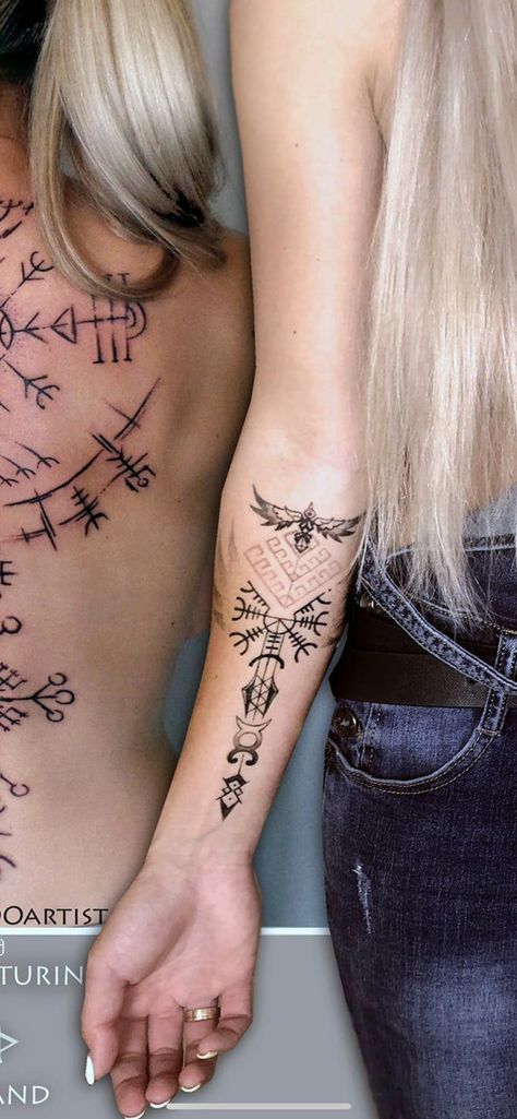 Norse Female Tattoo, Female Norse Tattoo, Feminine Viking Tattoo Beautiful, Women’s Viking Tattoos, Viking Tattoo Sleeve For Women, Viking Back Tattoo For Women, Viking Queen Tattoo, Viking Princess Tattoo, Feminine Nordic Tattoo