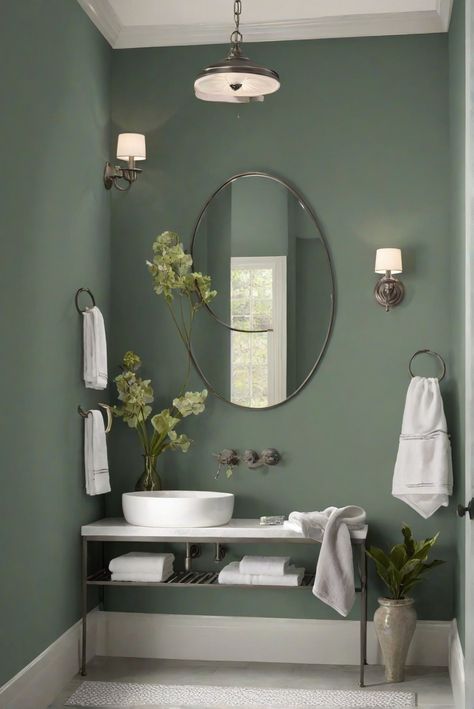 painting contractor, interior design ideas, paint color schemes, interior decoration Bathroom Paint Color Ideas Sherwin Williams, Green Wall Bathroom Ideas, Purple Bathroom Cabinets, Green Bathroom Color Schemes, Powder Room Wall Color, Bathroom Paint Colors For Small Bathroom, Guest Bathroom Paint Colors, 2024 Bathroom Colors, Pewter Green Bathroom