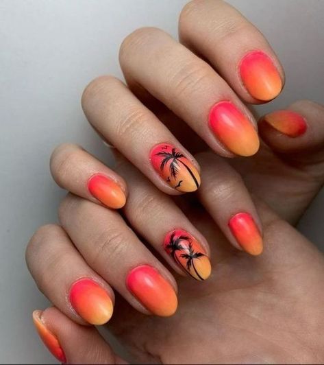 Hawaiian Nail Art, Coral Ombre Nails, Sunset Nail Art, Vaca Nails, Honeymoon Nails, Vintage Nail Art, Tropical Nail Art, Palm Nails, Cruise Nails