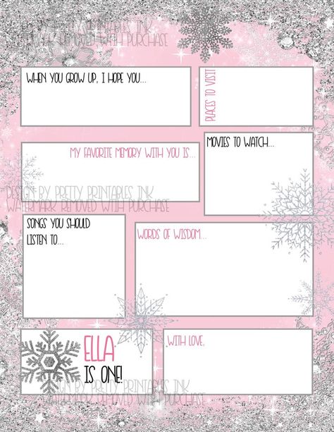 Winter onderland birthday time capsule with pink background and silver glitter snowflakes. 1st Birthday Time Capsule Ideas Letters, First Birthday Time Capsule, Kids Birthday Party Activities, Birthday Time Capsule, Baby Memory Box, Glitter Snowflakes, Kids Birthday Party Decoration, Kids Themed Birthday Parties, Pretty Printables