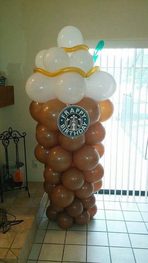 Starbucks balloon column Birthday Starbucks, Coffee Themed Party, Starbucks Birthday Party, Starbucks Party, Starbucks Cake, Starbucks Birthday, Birthday Cakes For Teens, Coffee Party, Birthday Party For Teens