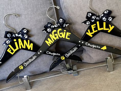 Personalized Cheer Spirit Hanger for uniforms. Cheer camp gift. | Flickr - Photo Sharing! Cheer Ideas Gift, Spirit Night Ideas, Cheer Hangers, Cheerleader Gift Ideas, Cheer Gift Ideas, Cheerleader Ideas, Gifts For Cheerleaders, Cheer Camp Gifts, Cheer Competition Gifts