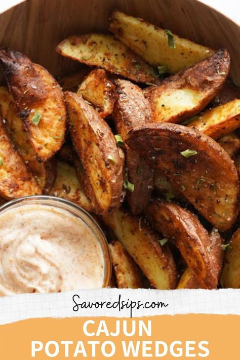 Cajun Potato Wedges are a crispy, spicy way to enjoy potatoes, cooked either in the air fryer or in the oven. They make a great snack or finger food appetizer. Chicken Potato Recipes, Potato Wedges Air Fryer, Fries Nachos, Spicy Potato Wedges, Wedge Fries, Cajun Potatoes, Easy Food Ideas, Potato Wedges Recipe, Homemade Cajun Seasoning