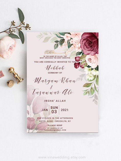 Islamic Marriage Invitation Card, Nikkah Ceremony Invitation Card, Islamic Wedding Invitations Template, Muslim Wedding Card Design, Marriage Invitation Card Format, Islamic Wedding Card, Nikkah Invite, Aqiqah Invitation, Islamic Marriage Certificate