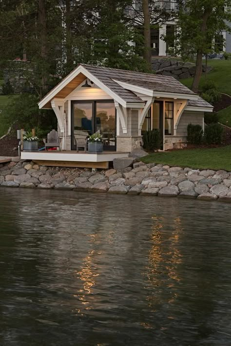 Boathouses- Lake House Inspiration - #blog #northwoods-living #blog #northwoods-living Lake House Interior, Tiny Cabin, Boat House, Body Of Water, Rustic Contemporary, Tiny House Cabin, Cabins And Cottages, Cottage Ideas, Tiny House Living