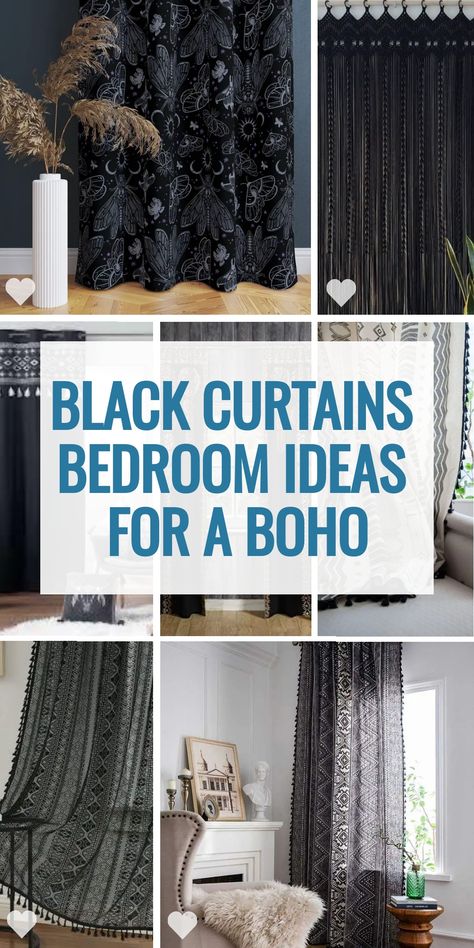 Step into a world of boho charm with black curtains as the centerpiece of your bedroom decor. This guide pairs black drapes with white and grey tones, accented by beige and gold for a luxurious touch. Discover how to decorate with lace, velvet, and floral patterns, creating a cozy and inviting space. White walls and grey furniture offer a neutral backdrop, enhanced by canopy beds and pole details for a complete boho look. Black Curtains Bedroom Ideas, Black Curtains Bedroom, Curtains Bedroom Ideas, Bedroom Ideas Boho, Purple Drapes, Light Colored Furniture, Canopy Beds, Bedroom Setup, Boho Curtains