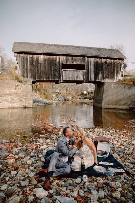 Couple celebrates Vermont elopement under a covered bridge near Warren Falls. Vermont elopement packages. Vermont Elopement, Elopement Details, Small Outdoor Wedding, Fall Elopement, Best Places To Elope, Elopement Reception, Northeast Region, Places To Elope, Vermont Wedding