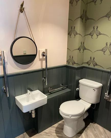 Shiplap Board And Batten, Small Downstairs Toilet, White Wood Paneling, Dark Green Bathrooms, Cloakroom Toilet, Downstairs Cloakroom, Toilet Room Decor, Bathroom Paneling, Small Toilet Room