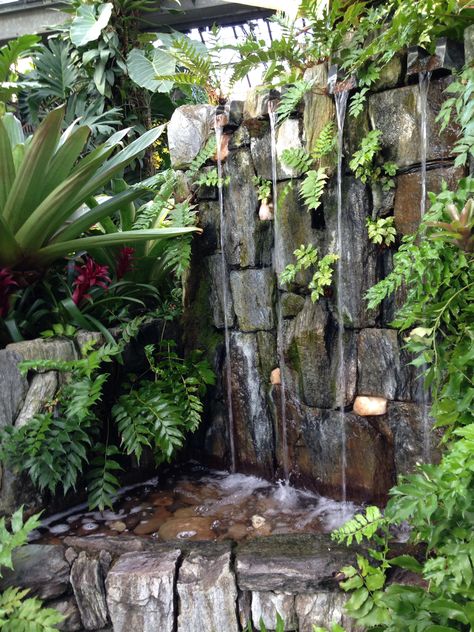 Waterfall Decoration, Waterfall Garden, Stone Walls Garden, Kolam Koi, Taman Air, Artificial Green Wall, Garden Pond Design, Tropical Garden Design, Garden Waterfall