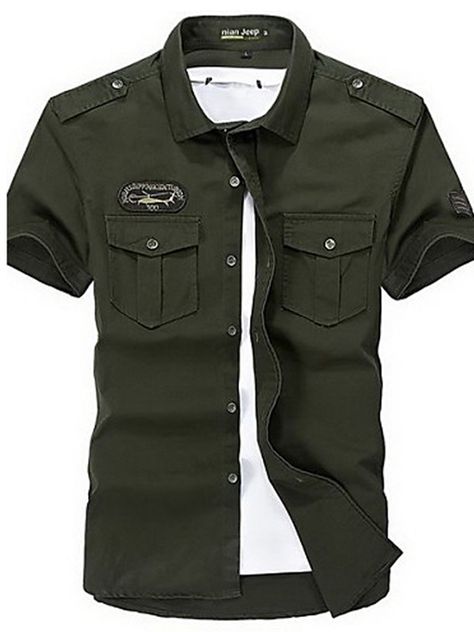 Military Plus Size Cotton Slim Men's Shirt - Solid Colored Classic Collar Men's Military Uniform, Uniform Shirts, Cargo Shirts, Outdoor Shirt, Men Plus Size, Basic Shorts, Uniform Fashion, Blue Khakis, Military Men