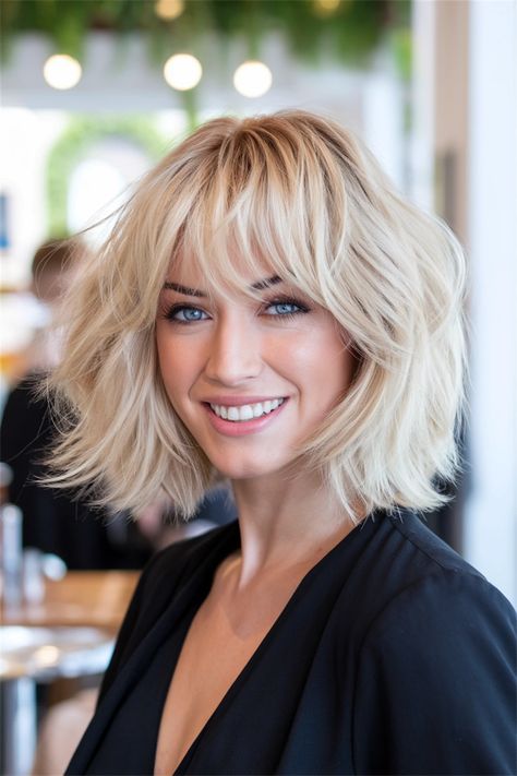 Discover the beauty of a wavy blonde medium length haircut that adds texture and movement to your hair. This hairstyle effortlessly enhances your natural features, making it perfect for any occasion. The soft waves frame your face, creating an inviting, stylish appearance. Whether you're headed to brunch or a night out, this medium length haircut is versatile and eye-catching. Embrace your inner blonde goddess! Shoulder Bob Haircut, Bob Haircut Shoulder Length, 90s Bob Haircut, Pony Blond, Blonde Medium Length Haircut, Bob Haircut Blonde, Bob 2024, Bob Style Haircuts, Blonde Goddess