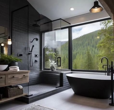 Open Natural Bathroom with Dark Tile & Wood Accents Barndominium Bathroom, Down Home Fab, Black Barndominium, Barn Renovation, Modern Mountain Home, Gorgeous Houses, Master Bed, Dream Bathrooms, Diy House