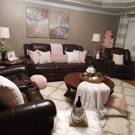 Pink And Brown Living Room, Leather Living Room Decor, Stair Corner, Brown Livingroom, Dark Brown Couch Living Room, Brown Leather Couch Living Room, Grey And Brown Living Room, Brown Lounge, Persimmon Homes