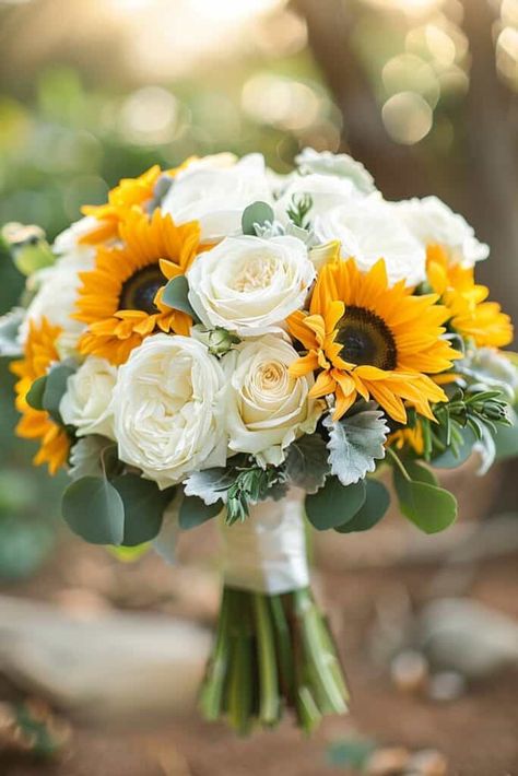 Sunflowers And Rose Wedding Bouquets: 20 Inspiring Ideas • Sunflower And White Rose Wedding, Roses For Wedding, Wildflower Weddings, Natalie Ann, Sunflower Bridal Bouquet, Blue Hydrangea Wedding, Sunflower Wedding Decorations, Country Wedding Flowers, Wedding Flowers Sunflowers