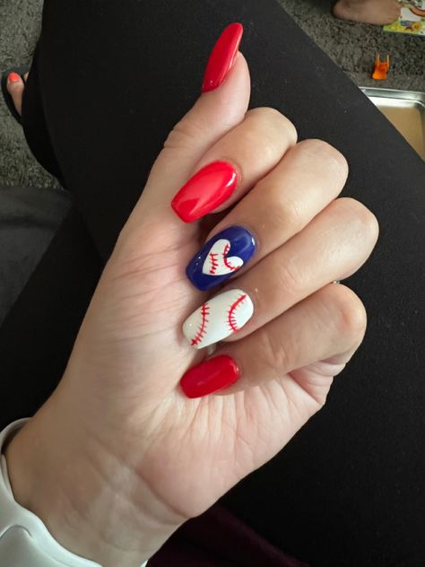 Philly Baseball Nails, Astro Nails Baseball, Cubs Nails Baseball, Baseball Inspired Nails, 4th Of July Baseball Nails, Baseball Nail Art Designs, Chicago Cubs Nails Designs, Simple Baseball Nails, Red Baseball Nails