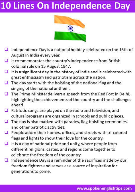 In this post, I gonna share with you 10 Lines On Independence Day For Class 3. ... Continue reading... Independence Day Speech For Kids, Independence Day Speech In English, Lines On Independence Day, Essay On Independence Day, Speech In English, Independence Day Speech, Independence Day Poster, 15 August Independence Day, Best Pov