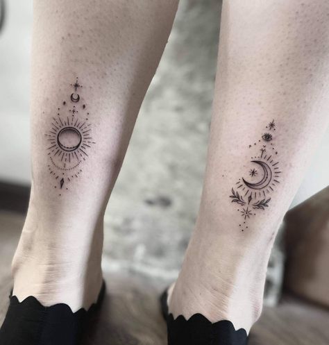 Word Tattoo Aesthetic, Hand And Moon Tattoo, Matching Sun And Moon Tattoo Friends, Matching Celestial Tattoos, Best Friend Tattoos Sun And Moon, Sunflower Tattoo Ankle, Matching Leg Tattoos, Heart Tattoo Women, Sun And Moon Tattoo Matching Best Friends