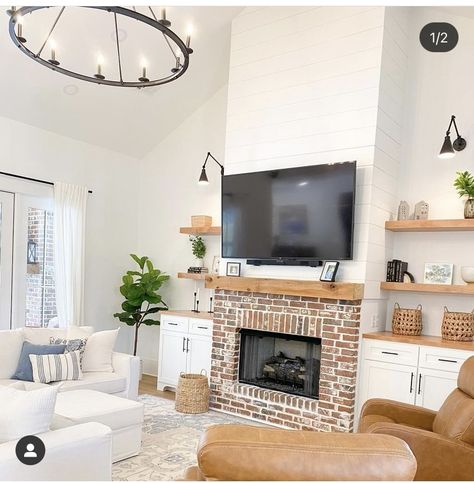 Easy Diy Fireplace, Brick And Shiplap, Fireplace Sconces, White Sectional Sofa, Red Brick Fireplaces, Ranch Farmhouse, Diy Fireplace Makeover, Mantle Ideas, White Sectional