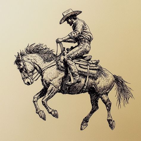 Today's Midjourney Experiment. Prompts: Cowboy riding a bucking bronco, black pen drawing, cross-hatching, stippling, isolated, light tan paper --quality 2 --stylize 0 --v 6.1 Bronco Tattoo, Drawing Cross, Bronco Black, Cowboy Draw, Cowboy Cross, Black Pen Drawing, Cowboy Tattoos, Western Artwork, Bucking Bronco