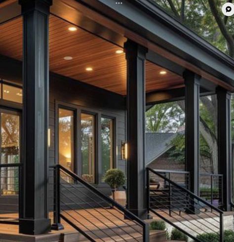 Modern Porch Posts, Exterior Column Design Ideas, Flat Roof Front Porch, Black House Exterior With Wood Accents, Porch Post Ideas Columns, Railing On Front Porch, Metal Porch Columns, Front Porch Addition Ideas, Modern Front Porch Design