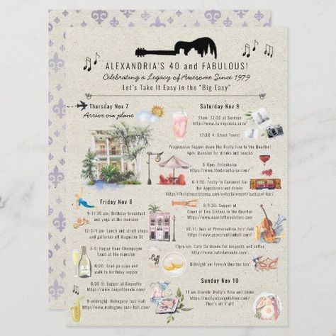 $ 3.2 | 40 and Fabulous | New Orleans Birthday Itinerary #illustrated itinerary cards #destination birthday weekend #bachelorette #girls weekend #travel #new orleans #mardi gras #watercolor map #birthday party #bachelor party New Orleans Birthday, Birthday Itinerary, Mardi Gras Invitations, Itinerary Invitation, Bachelor Party Invitations, Bachelorette Weekend Itinerary, Welcome Letter, 40 And Fabulous, Weekend Itinerary