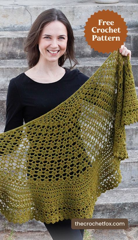 Add instant charm to your everyday outfits by making this chic lace crochet shawl that doubles up as a scarf. This easy crochet pattern is crocheted top down with lace pattern and makes for a great DIY crochet gift for friends and family.| More free crochet patterns at thecrochetfox.com #crochetpatternsfree #crochetingprojects #crochetideas #thingstocrohet Drop Design Crochet Patterns, Lace Shawl Pattern, Crochet Shawl Free, Crocheted Shawl, Crochet Lace Shawl, شال كروشيه, Crochet Shawl Pattern Free, Crochet Shawls And Wraps, Crochet Lace Pattern