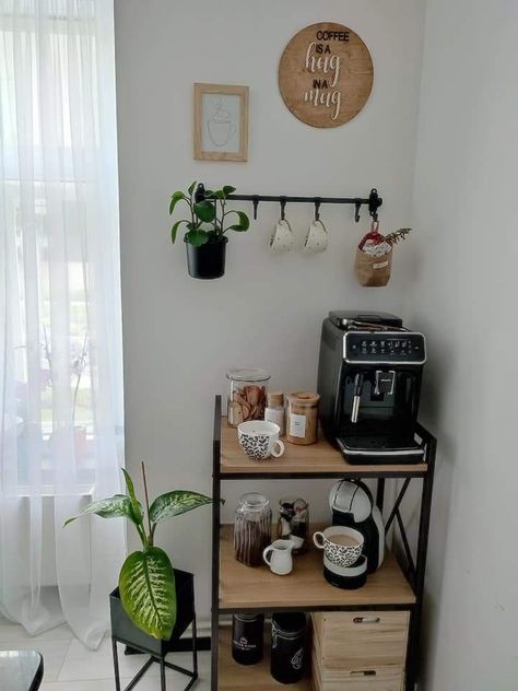 Coffee Corner Bedroom Ideas, Coffee Corner Kitchen Ideas, Coffee Maker In Bedroom, Coffee Section Ideas, Coffee Corner In The Living Room, Coffee Bar Table Decor, Small Kitchen Coffee Corner, Tea Area In Living Room, Coffee Cart Styling