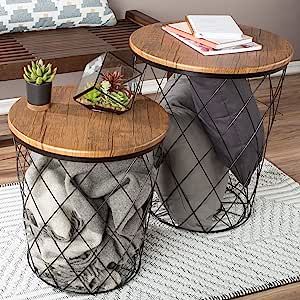 Industrial Farmhouse End Table with Storage – Nesting Wire Basket Base. Comes in lots of colors and stye option to fit all your needs! 😍 Cottage Side Table, Farmhouse Side Tables, Farmhouse End Tables, Nesting End Tables, Side Table Set, Farmhouse Side Table, End Table With Storage, Metal Basket, Tables Set