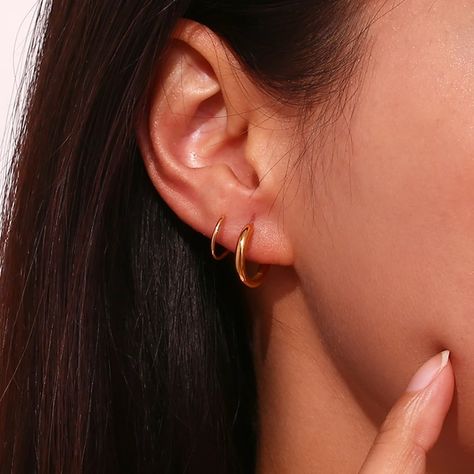 #18K Gold Plated Double Layer Hoop Earrings 8.58 and FREE Shipping Tag a friend who would love this! Active link in BIO #hashtag13 #hashtag14 #hashtag15 #hashtag16 #hashtag17 #hashtag18#house#toys#cars#home#furniture 2 Earrings In One Ear, Double Percinings Ear Ideas, Second Hole Piercing Ideas, Double Ear Piercing Ideas, Double Ear Piercing, 2nd Ear Piercing, 2 Ear Piercings, Double Lobe Piercing, Double Piercing Earrings