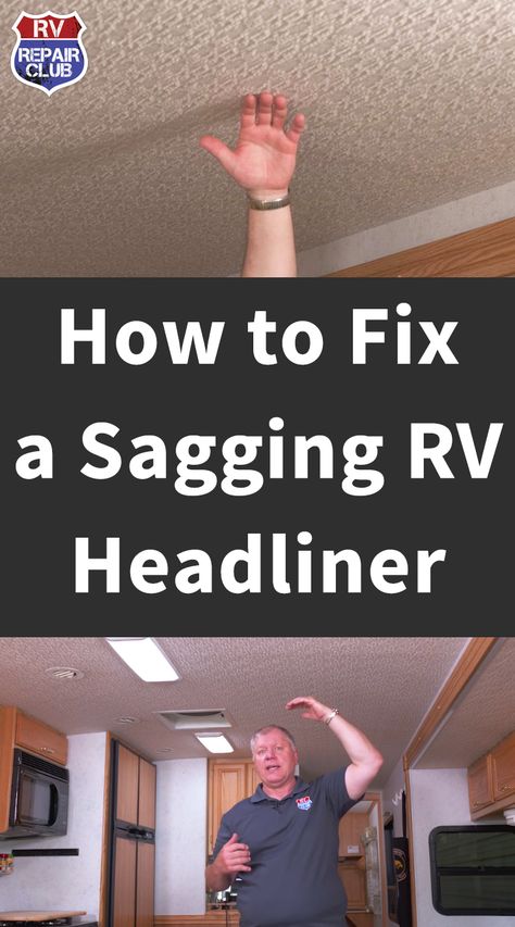 The fabric headliner in your RV can begin to sag in spots for various reasons, including excessive heat, humidity, and leakage. These all cause the adhesive to loosen and the fabric headliner to peel away from the ceiling. But fear not! You can fix your sagging RV headliner in a few different ways and get the inside of your vehicle looking tiptop. Camper Ceiling Remodel, Rv Ceiling Ideas, Camper Revamp, Headliner Repair, Camper Maintenance, Camper Repair, Camper Trailer Remodel, Rv Camping Tips, Travel Trailer Camping