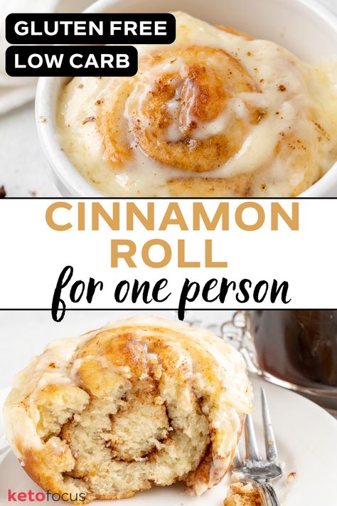 A small cinnamon roll in a mug and one on a plate that is cut in half. Low Carb Cinnamon Roll Mug Cake, Things To Eat With Cream Cheese, Keto Rolls Easy, Low Carb Cinnamon Rolls With Tortilla, Cottage Cheese Cinnamon Roll Muffins, Cinnamon Roll For One, Keto Cinnamon Toast, Single Serve Cinnamon Roll, Low Carb Cinnamon Rolls