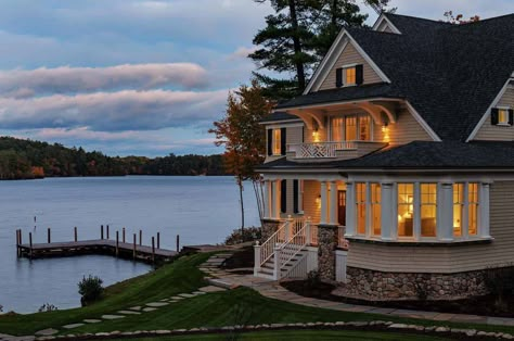 Dreamy lake house in New Hampshire nestled on the water’s edge House On Lake Dream Homes, Houses By The Water, Home On The Water, New England Lake House, New Hampshire Homes, House By A Lake, Lake House Exterior, House Near Water, House By The Water