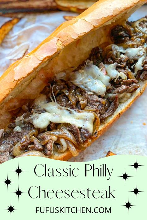 30 minutes ~ Serves 3 ~ This is the best Classic Philly Cheesesteak out there and it is supe easy to make! It uses skirt steak and provolone cheese but feel free to use any other cheese you like. The thing that sets this cheesesteak apart is the garlic and butter I use to coat the hoagies. Make one for dinner tonight and take one to lunch tomorrow! #fufuskitchen #30minutemeals #easymeals #phillycheesesteak Authentic Philly Cheese Steak Recipe, Steak And Cheese Sub, Best Philly Cheesesteak, Cheesesteak Sandwich, Steak Sandwich Recipes, Philly Cheese Steak Recipe, Cheesesteak Recipe, Cheese Steak Sandwich, Cheese Steak