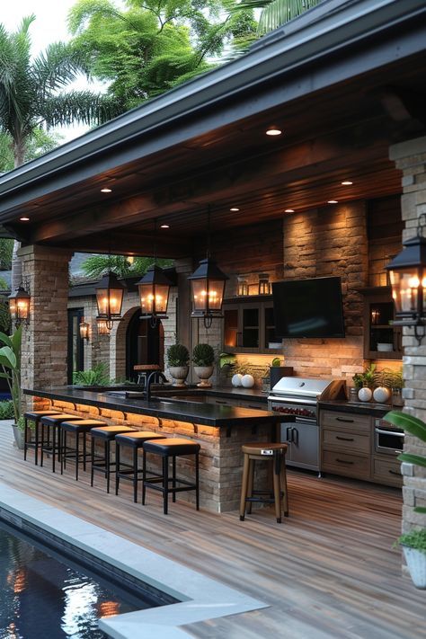 Outdoor Kitchen Decking, Outdoor Bar Attached To House, Deck With Bar Counter, Outdoor Kitchen Bar, Dream Outdoor Kitchen, Dining Nooks, Kitchen Seating Area, Outside Bar, Kitchen Pop