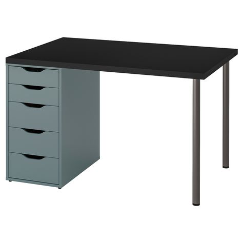 Mix and match your choice of table top and legs – or choose this ready-made combination. Strong and light-weight, made with a technique that uses less raw materials, reducing the impact on the environment. MÅLVAKT / ALEX Desk Color:Black/grey-turquoise Alex Desk, Alex Drawer, Desk Size, Plastic Foil, Plastic Edging, Grey Desk, Glass Desk, Big Desk, Craft Desk