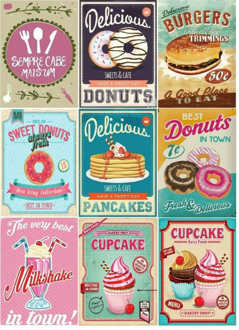 50s Posters, Retro Diner, Delicious Donuts, Scrapbook Stickers Printable, Retro Sign, Bakery Shop, Vintage Recipes, Food Illustrations, Scrapbook Stickers