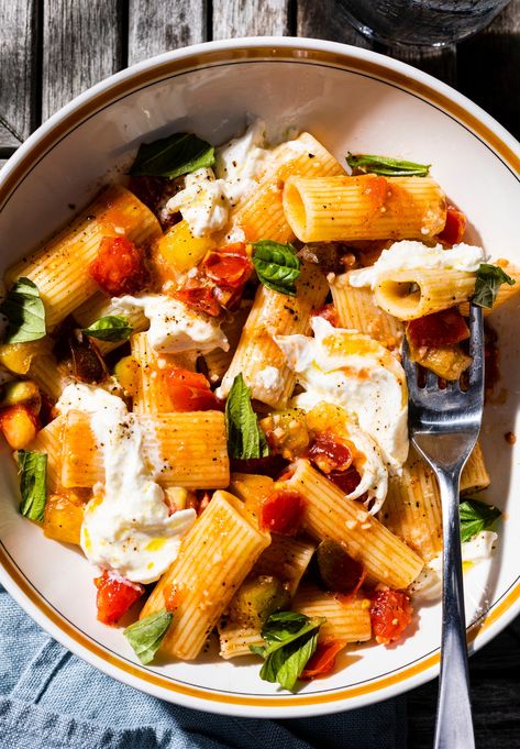 Tomatoes And Burrata, Pasta Photography, Burrata Pasta, Burrata Recipe, Summer Pasta Dishes, Marinated Tomatoes, Milk Street, Roasted Cherry, Roasted Cherry Tomatoes