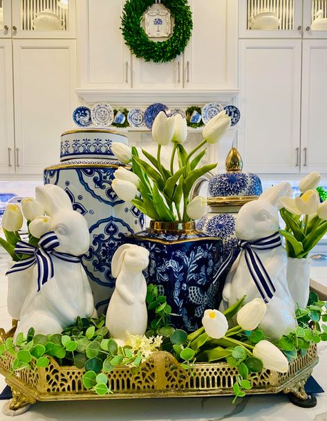 Blue Easter Decor, Easter Inspiration Decor, Easter Arrangement, Here Comes Peter Cottontail, Blue And White Decor, Chinoiserie Decorating, Easter Tablescapes, Blue White Decor, Easter Decorating