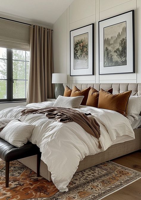 House Design Interior Bedrooms Master, Country House Bedroom Ideas, Bedroom Collage Ideas, Vintage Modern Bedroom Ideas, Warm Transitional Bedroom, Gray Bedframe Room Ideas Cozy, Neutral Bedroom Ideas With Pop Of Color, Pinterest Bedroom Ideas, Married Bedroom Ideas