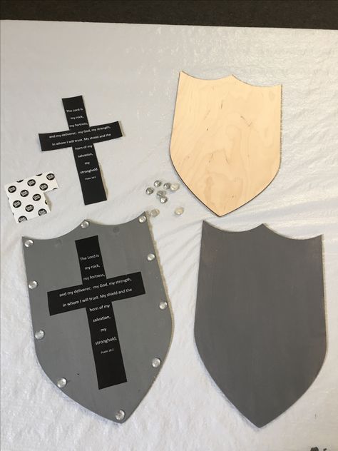 RBP VBS 2017 Over the Moat- wooden shields from Etsy, painted, added clear gems with glue dots, added cross with Bible verse, put on Modge Podge- two day project but kids loved them! Keepers Of The Kingdom Vbs Craft Ideas, Armor Of God Vbs Decorations Diy, Kingdom Keepers Vbs Crafts, Medieval Vbs Decorations, Keepers Of The Kingdom Vbs Crafts, Armor Of God Vbs Decorations, Cross With Bible Verse, Kingdom Vbs Crafts, Keepers Of The Kingdom Vbs