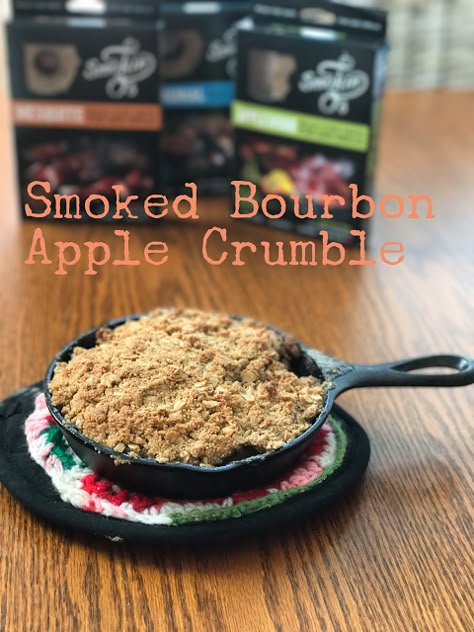 Smoked Bourbon Apple Crisp Smoked Apple Crisp Recipe, Smoker Apple Crisp, Apple Crisp On The Smoker, Traeger Apple Crisp, Pit Boss Pellet Smoker Dessert Recipes, Smoked Apple Cobbler, Smoked Apple Crisp, Traeger Dessert Recipes, Smoked Dessert Recipes