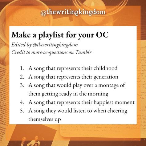 The Writing Kingdom on Instagram: “➼ making a playlist for your OC  ➼ Credits to more-oc-questions on Tumblr! Edited by @thewritingkingdom. Please give both accounts credit…” Create A Playlist For Your Oc, Playlist For Your Oc, Questions For Your Oc, Make A Playlist For Your Oc, Make An Oc Challenge, Oc Playlist, Oc Personality, Oc Questions, Making A Playlist